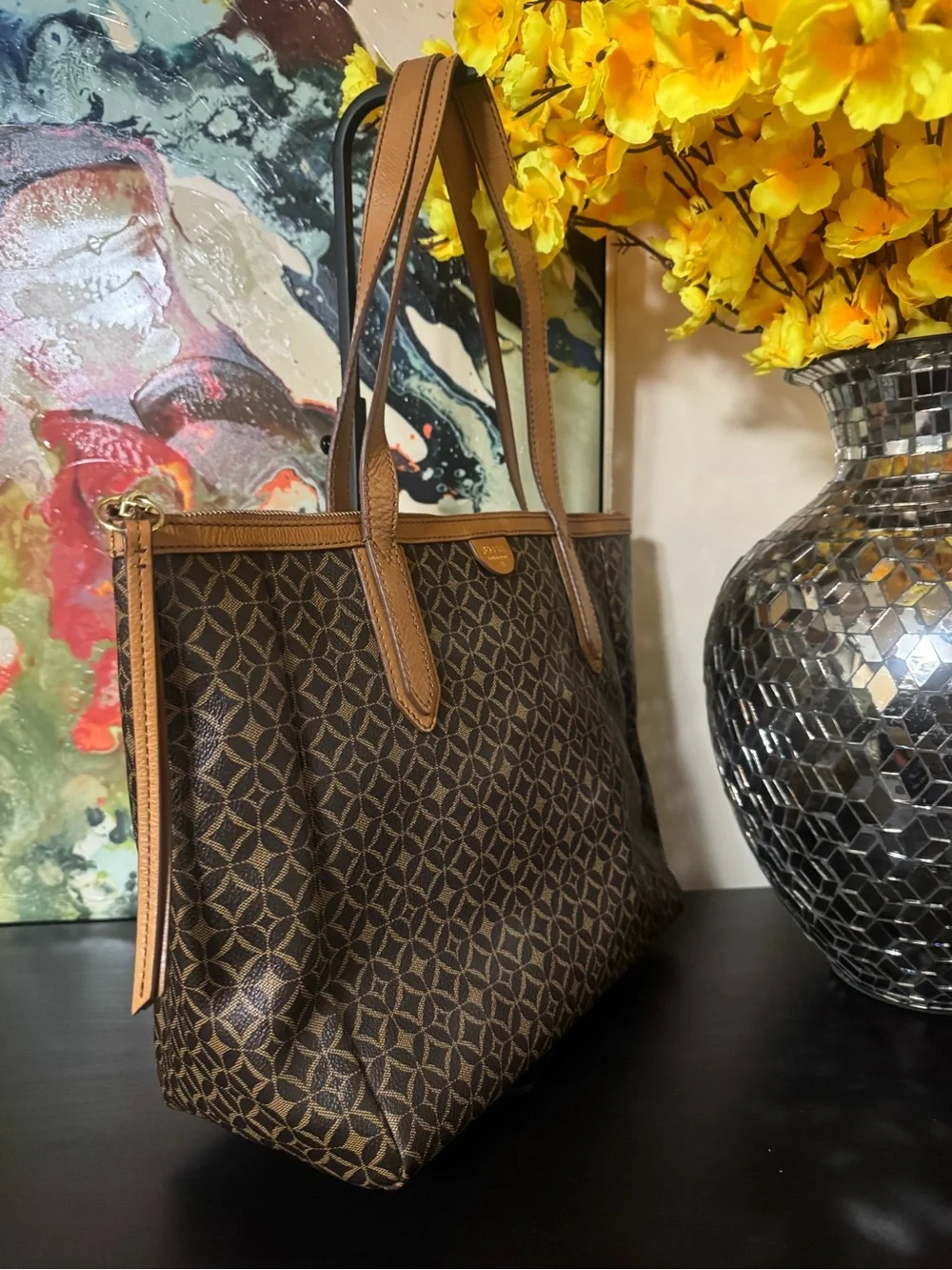 Fossil Brown Patterned Tote with Tan Trim